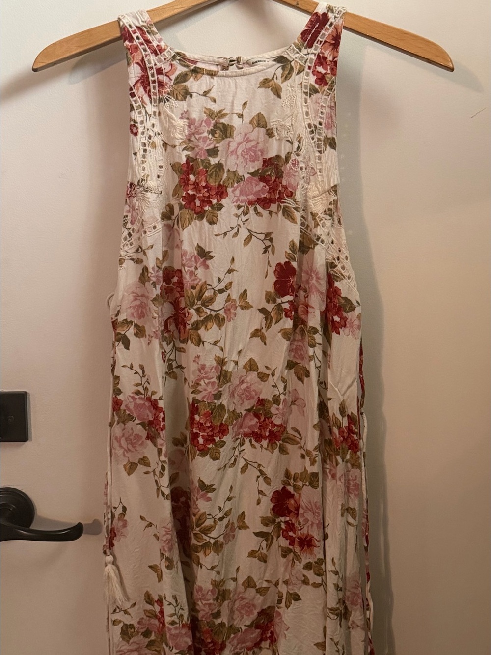 American Eagle Floral Lace-Trim Sleeveless Maxi Dress - White/Pink
